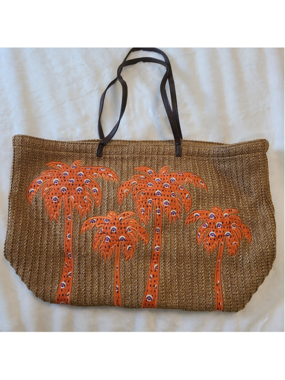Vera Bradley Straw Large Tote Orange Applique Palm Tree Design Travel Beach Bag